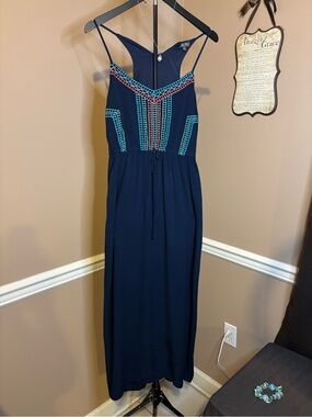 Lily Rose Navy Maxi Dress with Teal & Coral Embroidery